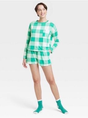 COLSIE Plaid Pajama & Sock Set, Women’s XS, Green White